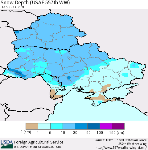 Ukraine, Moldova and Belarus Snow Depth (USAF 557th WW) Thematic Map For 2/8/2021 - 2/14/2021