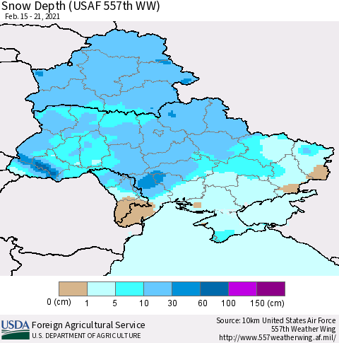 Ukraine, Moldova and Belarus Snow Depth (USAF 557th WW) Thematic Map For 2/15/2021 - 2/21/2021