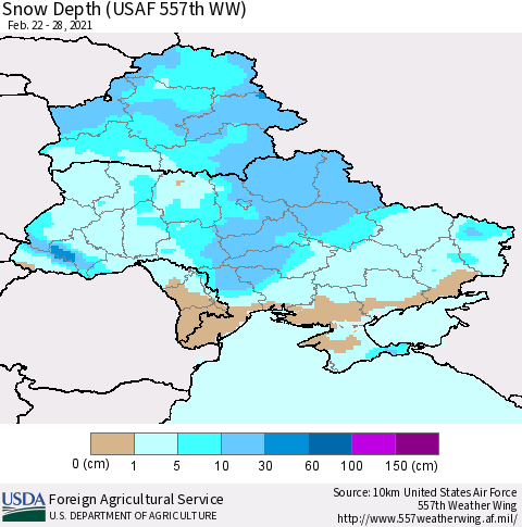 Ukraine, Moldova and Belarus Snow Depth (USAF 557th WW) Thematic Map For 2/22/2021 - 2/28/2021