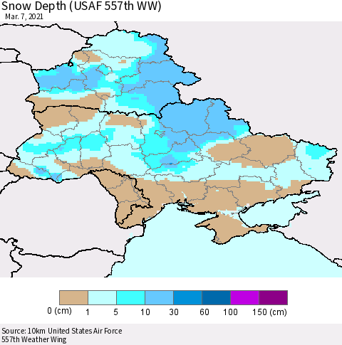 Ukraine, Moldova and Belarus Snow Depth (USAF 557th WW) Thematic Map For 3/1/2021 - 3/7/2021