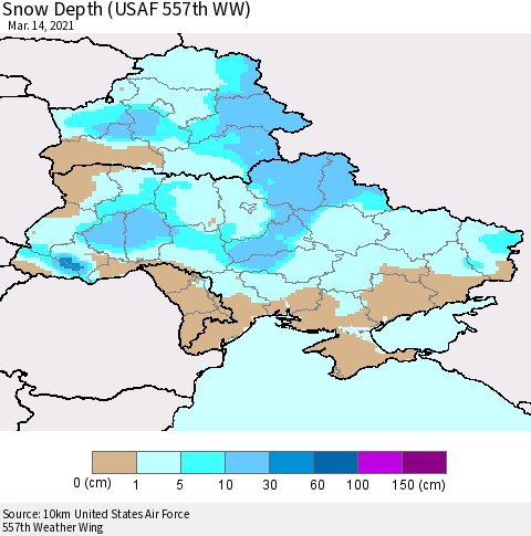 Ukraine, Moldova and Belarus Snow Depth (USAF 557th WW) Thematic Map For 3/8/2021 - 3/14/2021