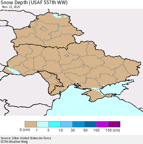 Ukraine, Moldova and Belarus Snow Depth (USAF 557th WW) Thematic Map For 11/15/2021 - 11/21/2021
