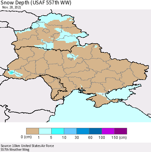 Ukraine, Moldova and Belarus Snow Depth (USAF 557th WW) Thematic Map For 11/22/2021 - 11/28/2021