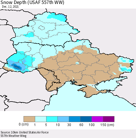 Ukraine, Moldova and Belarus Snow Depth (USAF 557th WW) Thematic Map For 12/6/2021 - 12/12/2021