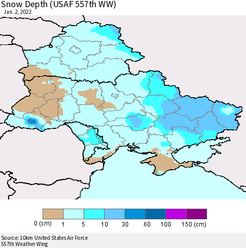 Ukraine, Moldova and Belarus Snow Depth (USAF 557th WW) Thematic Map For 12/27/2021 - 1/2/2022