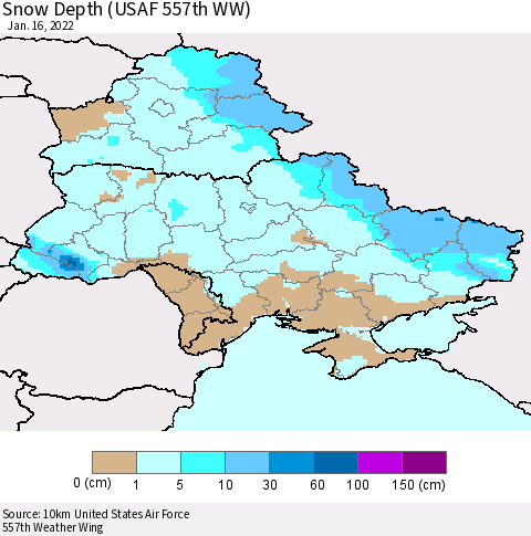 Ukraine, Moldova and Belarus Snow Depth (USAF 557th WW) Thematic Map For 1/10/2022 - 1/16/2022
