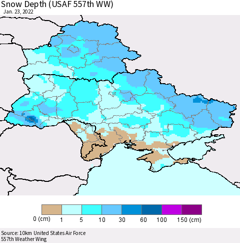 Ukraine, Moldova and Belarus Snow Depth (USAF 557th WW) Thematic Map For 1/17/2022 - 1/23/2022
