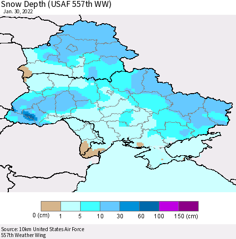 Ukraine, Moldova and Belarus Snow Depth (USAF 557th WW) Thematic Map For 1/24/2022 - 1/30/2022