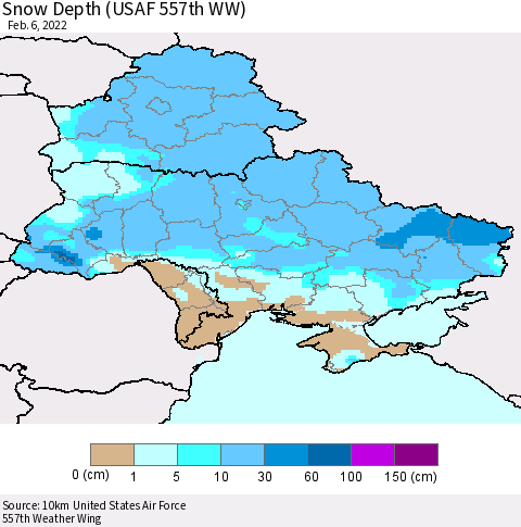 Ukraine, Moldova and Belarus Snow Depth (USAF 557th WW) Thematic Map For 1/31/2022 - 2/6/2022