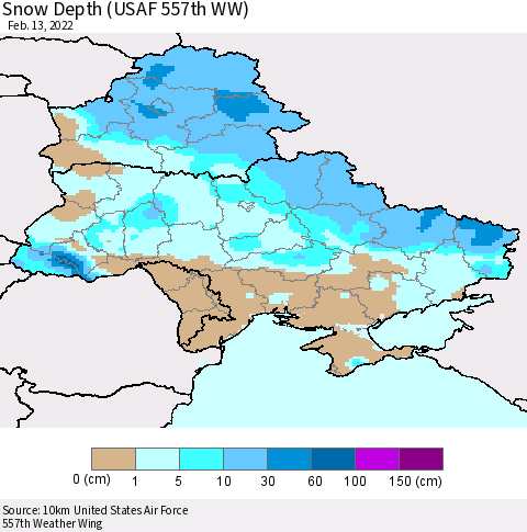 Ukraine, Moldova and Belarus Snow Depth (USAF 557th WW) Thematic Map For 2/7/2022 - 2/13/2022