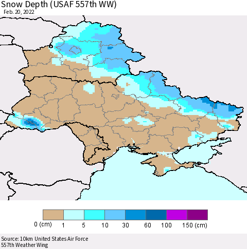Ukraine, Moldova and Belarus Snow Depth (USAF 557th WW) Thematic Map For 2/14/2022 - 2/20/2022
