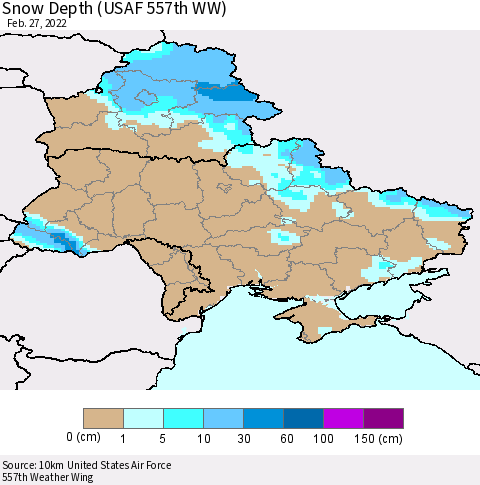 Ukraine, Moldova and Belarus Snow Depth (USAF 557th WW) Thematic Map For 2/21/2022 - 2/27/2022