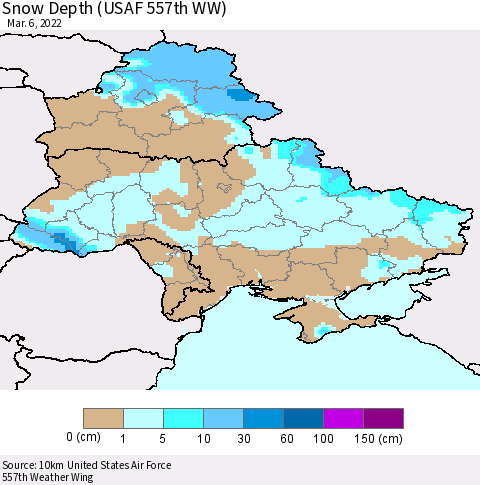 Ukraine, Moldova and Belarus Snow Depth (USAF 557th WW) Thematic Map For 2/28/2022 - 3/6/2022