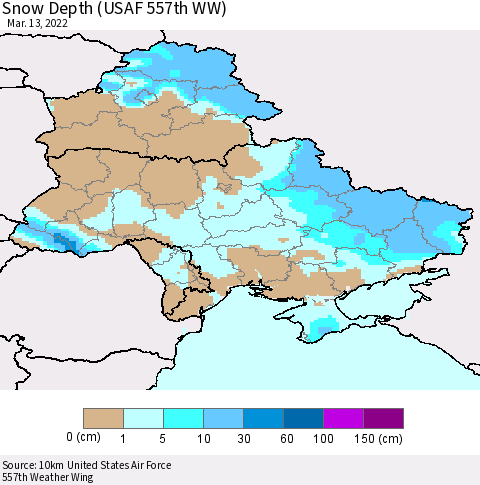 Ukraine, Moldova and Belarus Snow Depth (USAF 557th WW) Thematic Map For 3/7/2022 - 3/13/2022