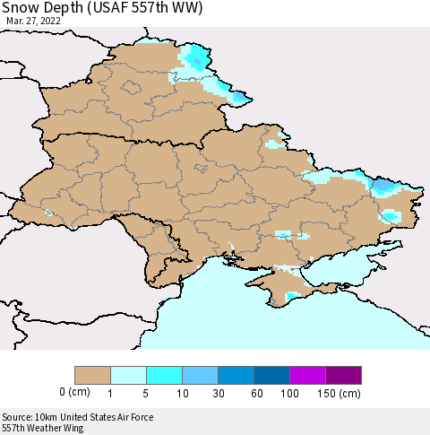 Ukraine, Moldova and Belarus Snow Depth (USAF 557th WW) Thematic Map For 3/21/2022 - 3/27/2022