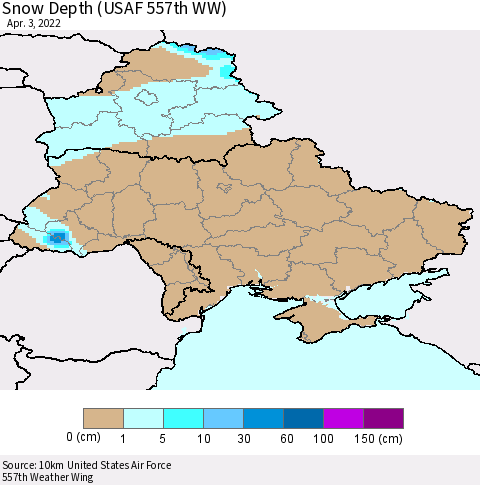 Ukraine, Moldova and Belarus Snow Depth (USAF 557th WW) Thematic Map For 3/28/2022 - 4/3/2022