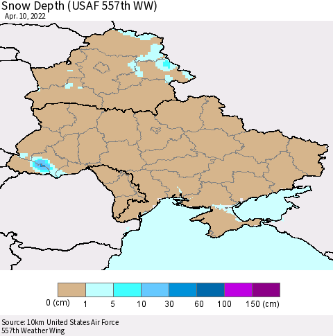 Ukraine, Moldova and Belarus Snow Depth (USAF 557th WW) Thematic Map For 4/4/2022 - 4/10/2022