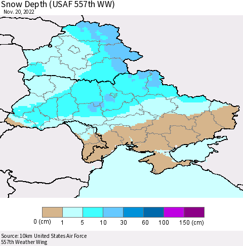Ukraine, Moldova and Belarus Snow Depth (USAF 557th WW) Thematic Map For 11/14/2022 - 11/20/2022