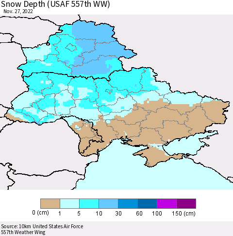 Ukraine, Moldova and Belarus Snow Depth (USAF 557th WW) Thematic Map For 11/21/2022 - 11/27/2022