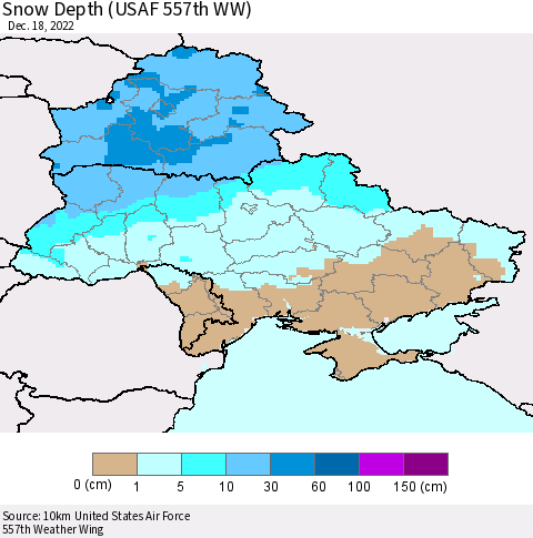 Ukraine, Moldova and Belarus Snow Depth (USAF 557th WW) Thematic Map For 12/12/2022 - 12/18/2022