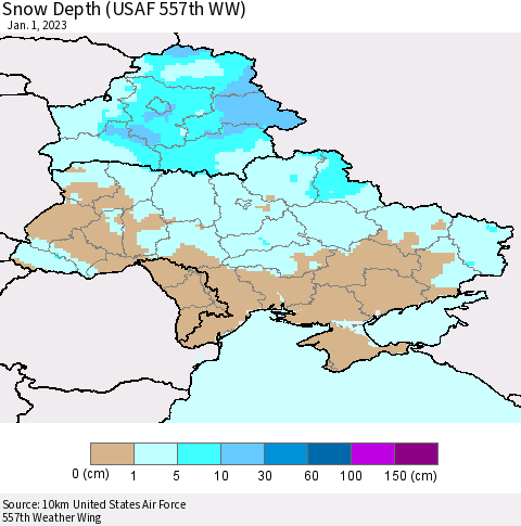 Ukraine, Moldova and Belarus Snow Depth (USAF 557th WW) Thematic Map For 12/26/2022 - 1/1/2023