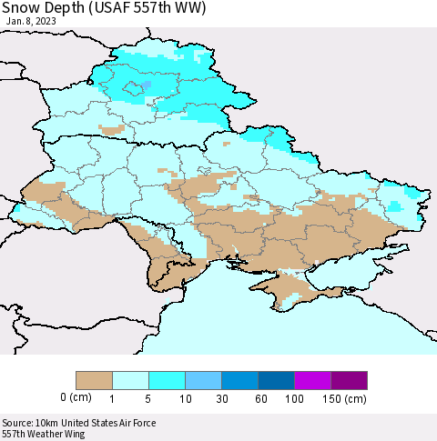 Ukraine, Moldova and Belarus Snow Depth (USAF 557th WW) Thematic Map For 1/2/2023 - 1/8/2023