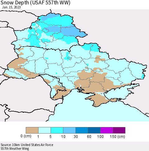 Ukraine, Moldova and Belarus Snow Depth (USAF 557th WW) Thematic Map For 1/9/2023 - 1/15/2023