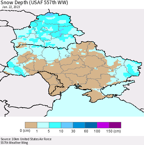 Ukraine, Moldova and Belarus Snow Depth (USAF 557th WW) Thematic Map For 1/16/2023 - 1/22/2023