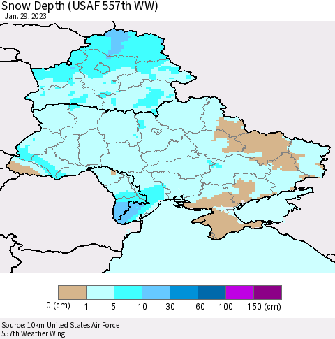 Ukraine, Moldova and Belarus Snow Depth (USAF 557th WW) Thematic Map For 1/23/2023 - 1/29/2023