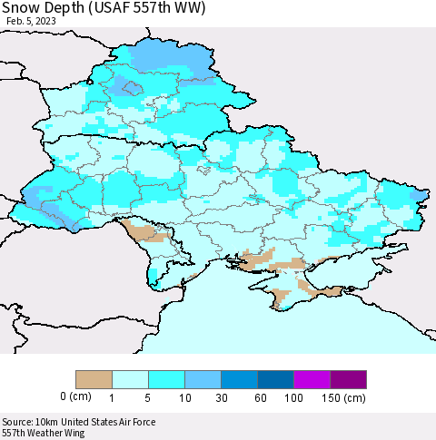 Ukraine, Moldova and Belarus Snow Depth (USAF 557th WW) Thematic Map For 1/30/2023 - 2/5/2023