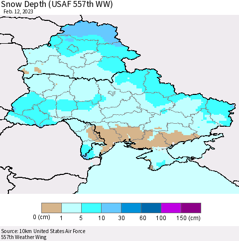 Ukraine, Moldova and Belarus Snow Depth (USAF 557th WW) Thematic Map For 2/6/2023 - 2/12/2023