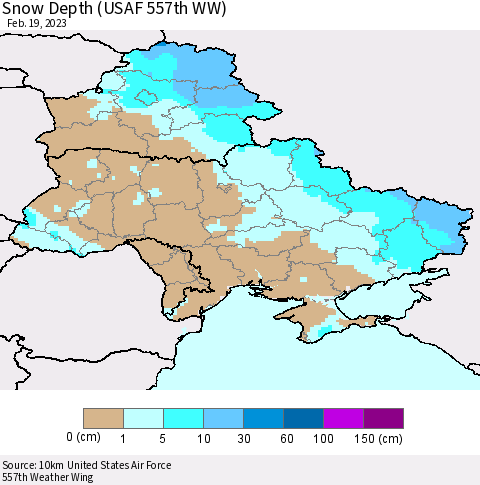 Ukraine, Moldova and Belarus Snow Depth (USAF 557th WW) Thematic Map For 2/13/2023 - 2/19/2023