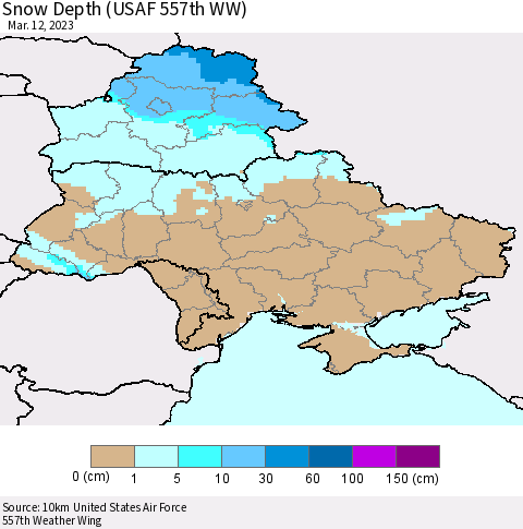 Ukraine, Moldova and Belarus Snow Depth (USAF 557th WW) Thematic Map For 3/6/2023 - 3/12/2023