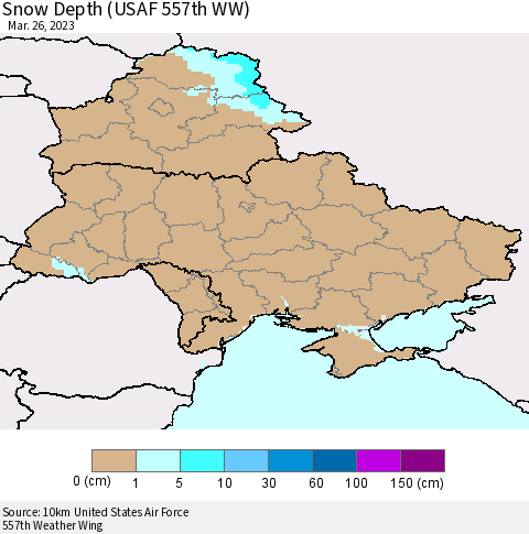 Ukraine, Moldova and Belarus Snow Depth (USAF 557th WW) Thematic Map For 3/20/2023 - 3/26/2023