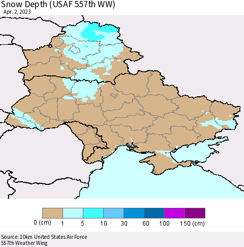 Ukraine, Moldova and Belarus Snow Depth (USAF 557th WW) Thematic Map For 3/27/2023 - 4/2/2023