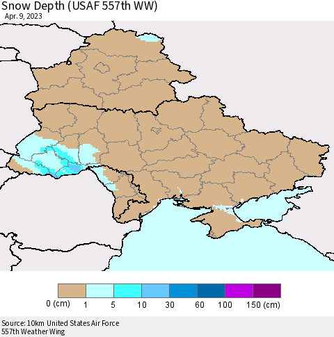 Ukraine, Moldova and Belarus Snow Depth (USAF 557th WW) Thematic Map For 4/3/2023 - 4/9/2023