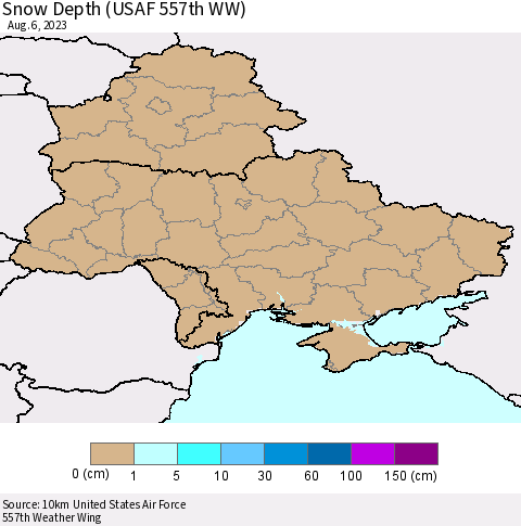 Ukraine, Moldova and Belarus Snow Depth (USAF 557th WW) Thematic Map For 7/31/2023 - 8/6/2023