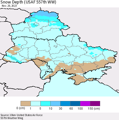 Ukraine, Moldova and Belarus Snow Depth (USAF 557th WW) Thematic Map For 11/20/2023 - 11/26/2023