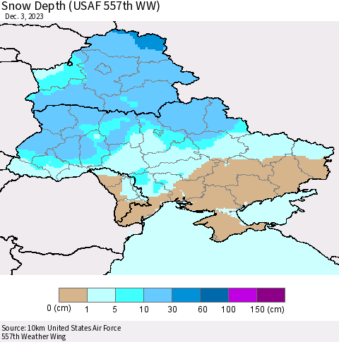 Ukraine, Moldova and Belarus Snow Depth (USAF 557th WW) Thematic Map For 11/27/2023 - 12/3/2023