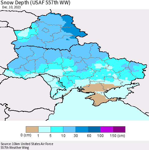 Ukraine, Moldova and Belarus Snow Depth (USAF 557th WW) Thematic Map For 12/4/2023 - 12/10/2023