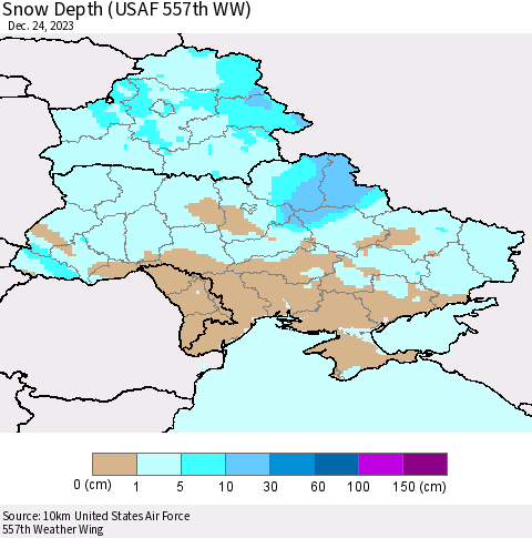 Ukraine, Moldova and Belarus Snow Depth (USAF 557th WW) Thematic Map For 12/18/2023 - 12/24/2023