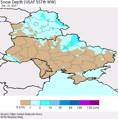 Ukraine, Moldova and Belarus Snow Depth (USAF 557th WW) Thematic Map For 12/25/2023 - 12/31/2023
