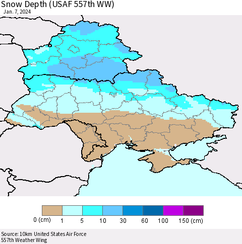 Ukraine, Moldova and Belarus Snow Depth (USAF 557th WW) Thematic Map For 1/1/2024 - 1/7/2024