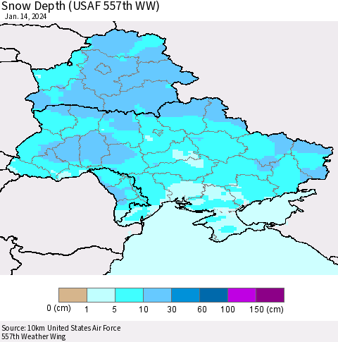 Ukraine, Moldova and Belarus Snow Depth (USAF 557th WW) Thematic Map For 1/8/2024 - 1/14/2024