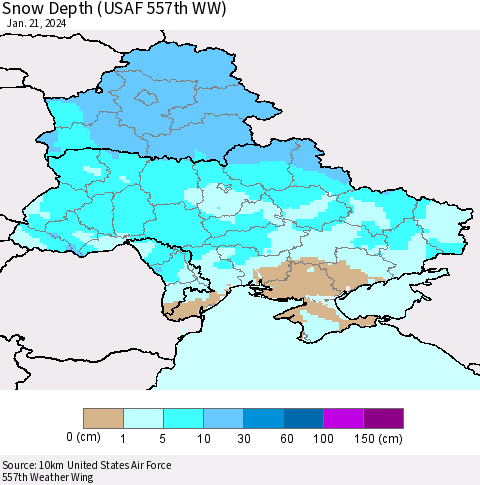 Ukraine, Moldova and Belarus Snow Depth (USAF 557th WW) Thematic Map For 1/15/2024 - 1/21/2024