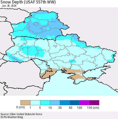 Ukraine, Moldova and Belarus Snow Depth (USAF 557th WW) Thematic Map For 1/22/2024 - 1/28/2024