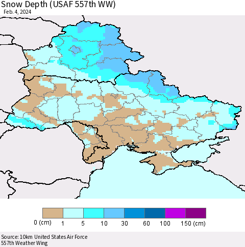 Ukraine, Moldova and Belarus Snow Depth (USAF 557th WW) Thematic Map For 1/29/2024 - 2/4/2024