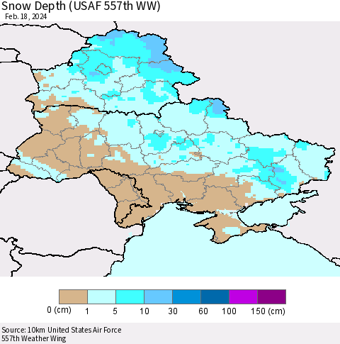 Ukraine, Moldova and Belarus Snow Depth (USAF 557th WW) Thematic Map For 2/12/2024 - 2/18/2024