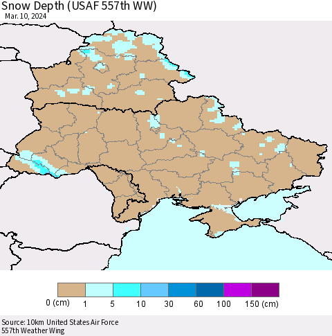 Ukraine, Moldova and Belarus Snow Depth (USAF 557th WW) Thematic Map For 3/4/2024 - 3/10/2024