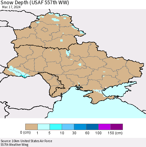 Ukraine, Moldova and Belarus Snow Depth (USAF 557th WW) Thematic Map For 3/11/2024 - 3/17/2024
